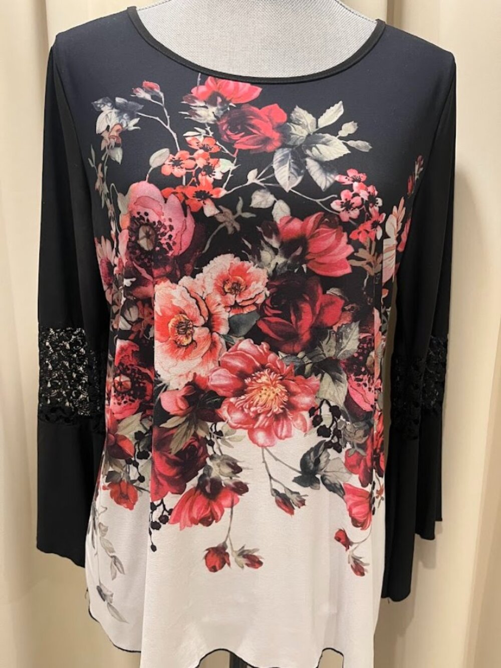 Brittany Black Long Sleeved Knit With Floral Front Size Medium